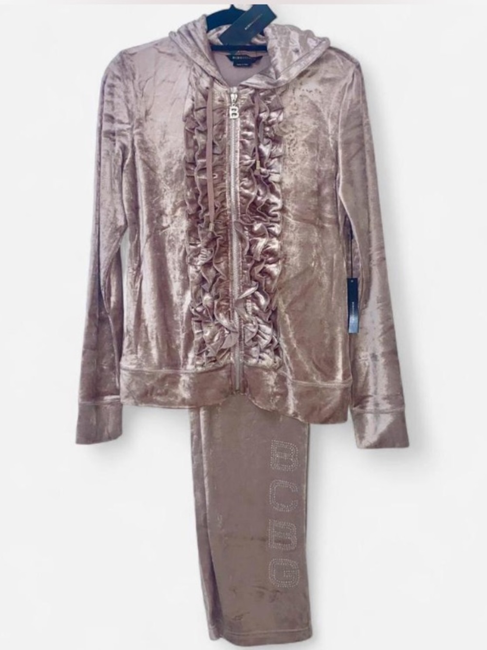 BCBGMaxAzria Mauve/Rose Velour Ruffle Hooded Tracksuit Set